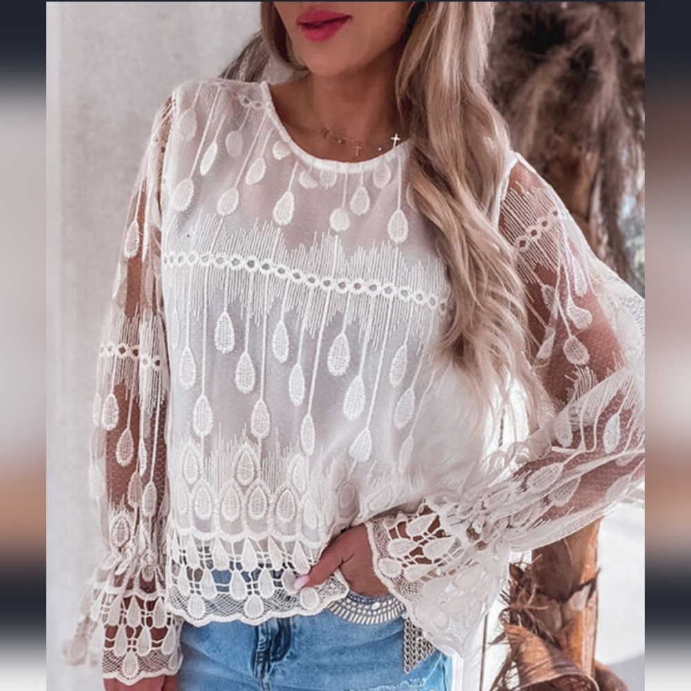 Embroidered mesh flounce sleeve blouse